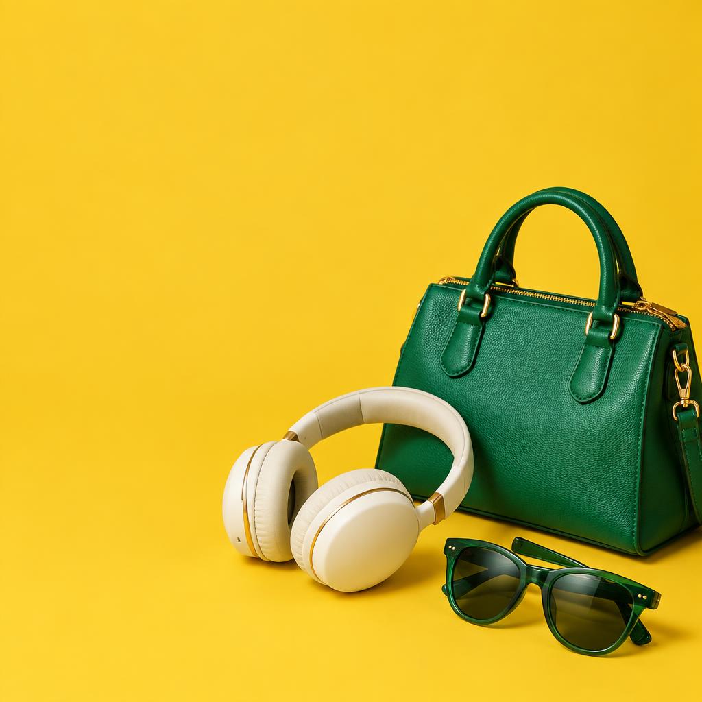 Headphones, sunglasses and an emerald handbag