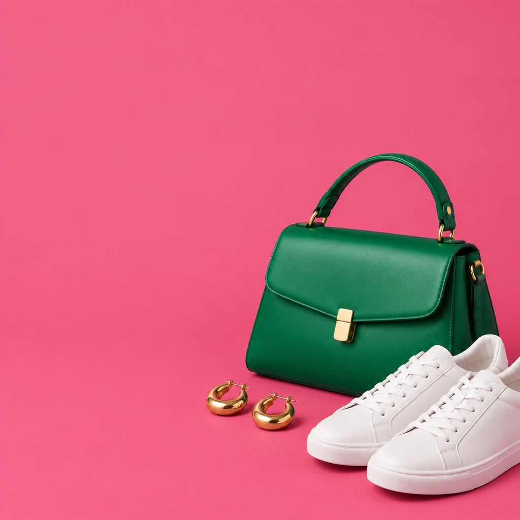 Emerald handbag, gold jewellery and white sneakers